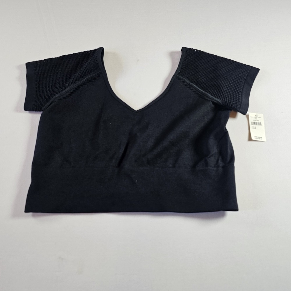 NWT Offline By Aerie Black Small Crop Top Bodycon Mesh Sleeves V Neck Stretch